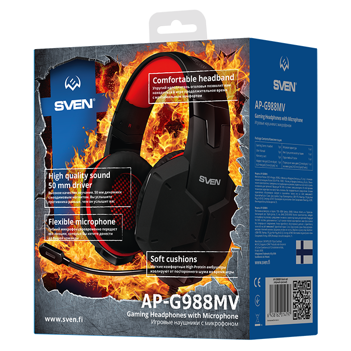 Наушники Sven AP-G988MV (полноразмерные закрытые, с микрофоном, регулятор, 2.2m, игровые, black-red)