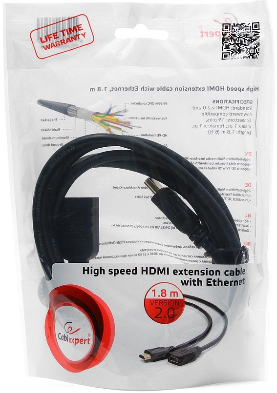 Кабель HDMI (m) - HDMI (f) удлинительный 1.8m (CC-HDMI4X-6, ver.2.0, с позолоченными контактами, экранированный, black) Cablexpert