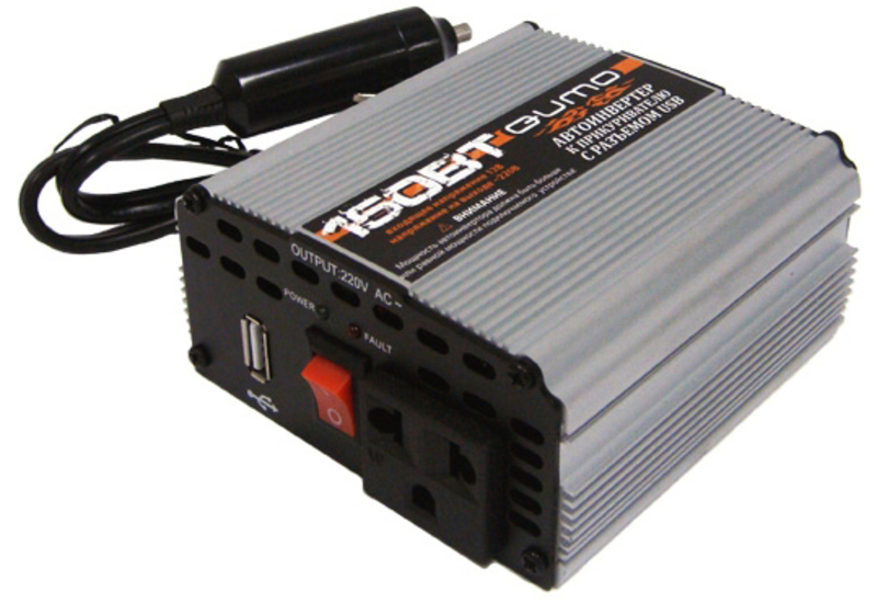 Преобразователь напряжения QUMO (12V входное, 220V выходное напряжение, в прикуриватель, USB, мощность 150W)