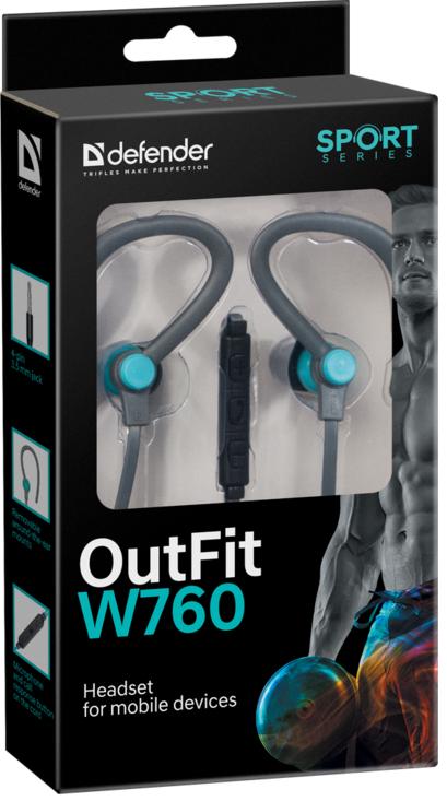 Гарнитура Defender OUTFIT W760  (затычки, с микрофоном, 1.5m, gray-blue)