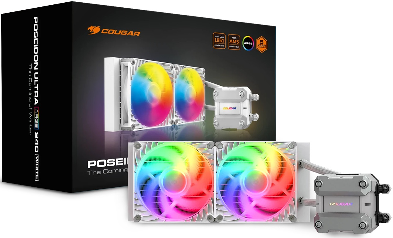 Водяное охлаждение Cougar Poseidon Ultra ARGB 240 (1150/1151/1155/1156/1200/1700/1851/AM3/AM4/AM5, Радиатор: Al, Водоблок: Cu, 2 вентилятора: Hydro, 120mm, 500-2200rpm, <32dBa, 4pin, PWM, ARGB,  Помпа: 3000rpm, 3pin, 250W, ARGB, white) RTL