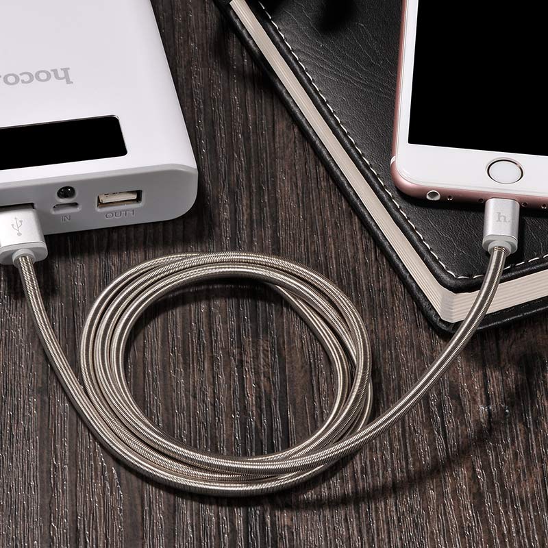 Кабель USB 2.0 Am - Lightning 1.2m (U5 Full-Metal, 2.4A, пружинная оплётка, silver) hoco
