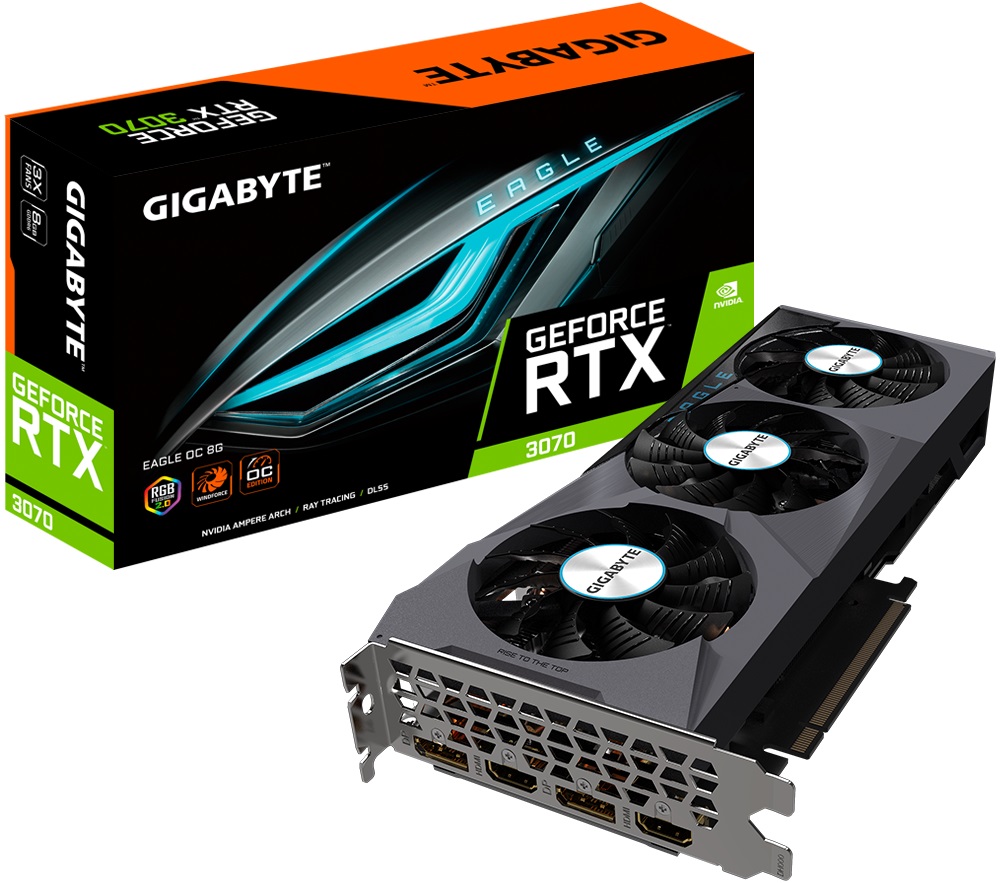 Видеокарта Gigabyte GF RTX3070 8Gb (GV-N3070EAGLE OC-8GD, 256bit, GDDR6, 2xHDMI+2xDP) RTL