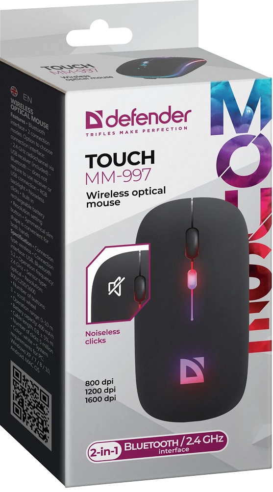 Мышь беспроводная Defender Touch MM-997 (Bluetooth5.2/2.4GHz, optical, 1600dpi, аккумулятор 500mAh, бесшумный клик, подсветка, soft-touch, black)