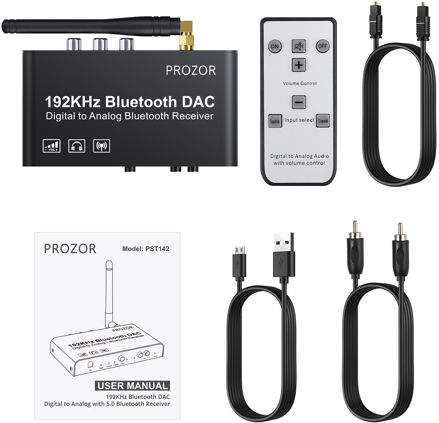 Цифро-аналоговый преобразователь Prozor PST142 (Bluetooth 5.0, Toslink, AUX, ПДУ, black)