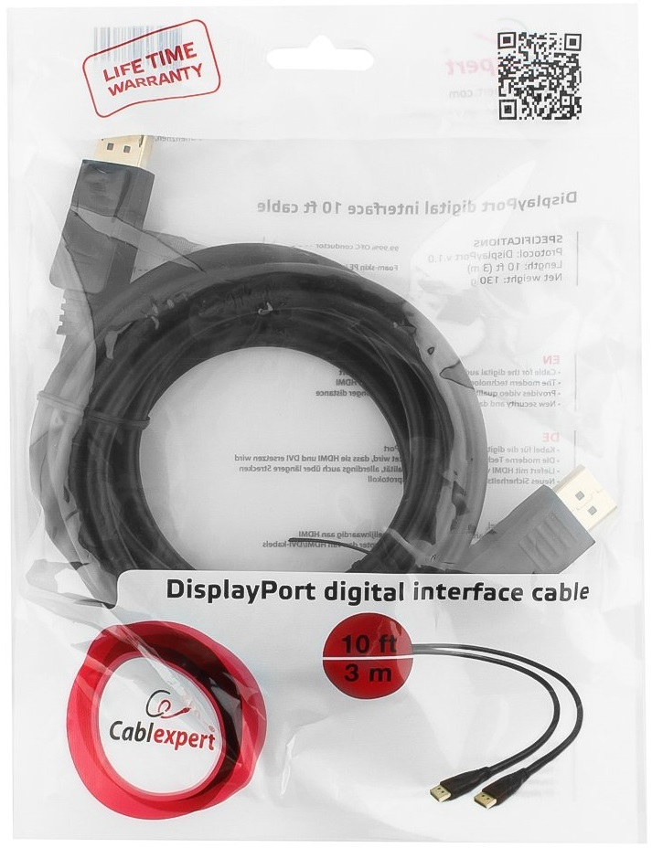Кабель DisplayPort (m) - DisplayPort (m) 3.0m (CC-DP-10, 4K, ver.1.2, с позолоченными контактами, экранированный, black) Cablexpert