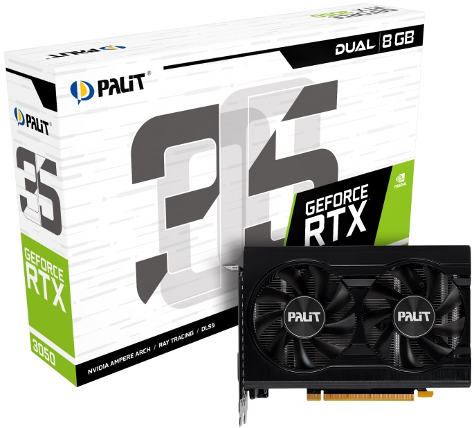 Видеокарта Palit GF RTX3050 DUAL OC V1 8Gb (NE63050S18P1-1070D, 128bit, GDDR6, HDMI+DVI+DP) RTL