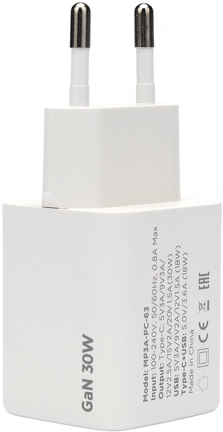 Адаптер питания скоростной Cablexpert MP3A-PC-63 (100-240V - USB, USB Type-C, 5V-3А, 9V-3A, 12V-2.5A, 15V-2A, 30W, быстрая зарядка, QC4.0, PD3.0, GaN, white)