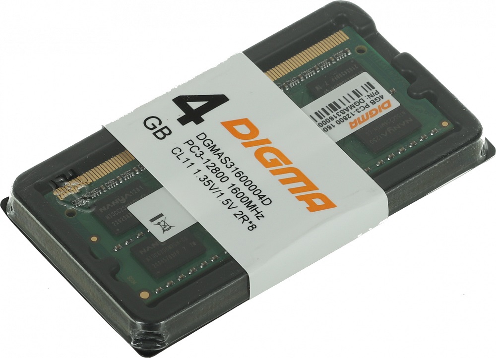 Память SO-DIMM DDR3L 4Gb, PC12800, 1600MHz, Digma (DGMAS31600004D, 1.35/1.5V, CL11)