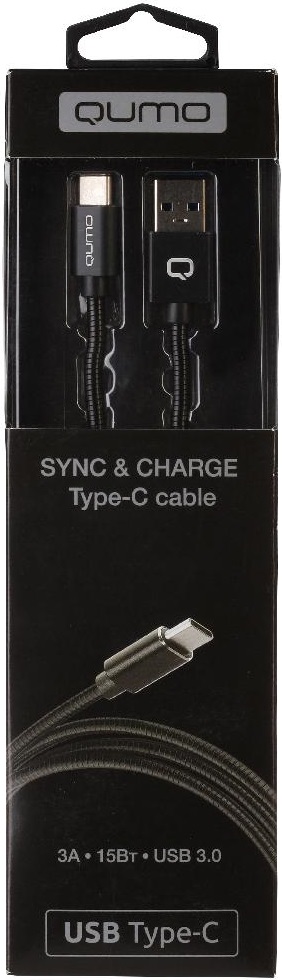 Кабель USB 3.0 Am - Type-C 1.0m (22477, 3A, 15W, стальная пружина, black) QUMO