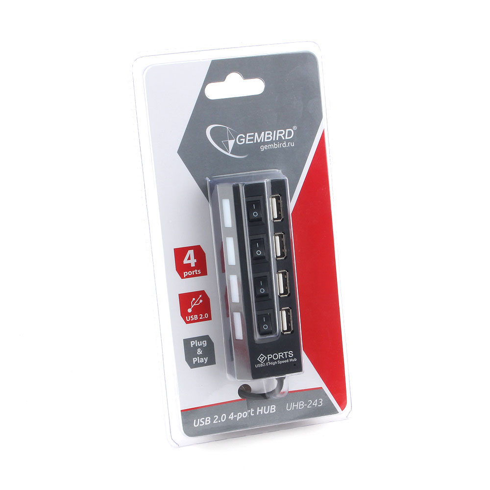 USB 2.0 HUB Gembird UHB-243-AD (4 порта, активный, выключатели, 0.45m, black)