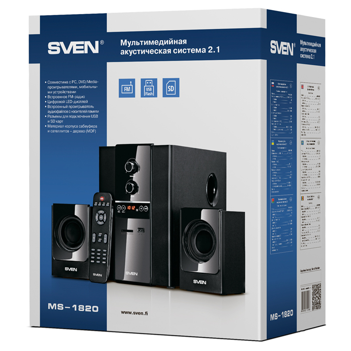 Колонки Sven SPS-1820 (18W + 2x11W, ПДУ, FM, USB, SD, MP3, black)
