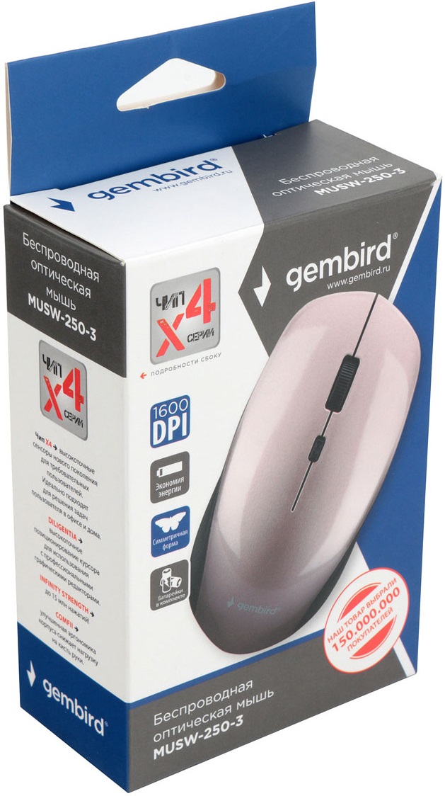 Мышь беспроводная Gembird MUSW-250-3 (optical, 1600dpi, AA, black-pink)