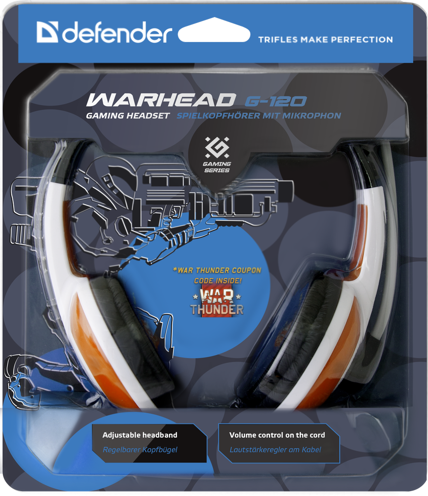 Наушники Defender Warhead G-120 (накладные закрытые, c микрофоном, игровые, 2m, промо-код "War Thunder", red-white)