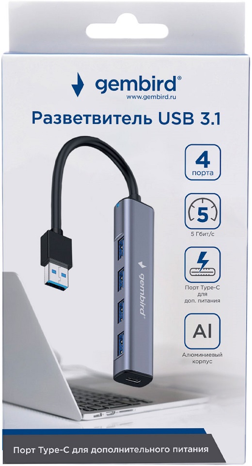 USB 3.1 HUB Gembird UHB-C484 (4 порта, активный (Type-C до 3A), 0.2m, grey)