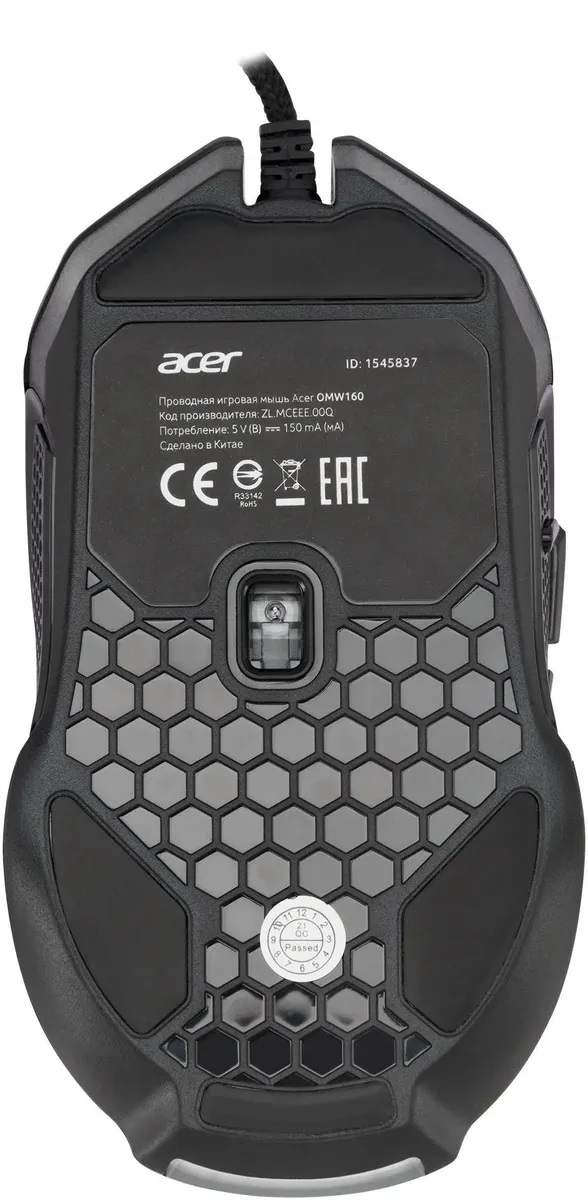 Мышь Acer OMW160 (USB, optical, 6400dpi, игровая, RGB подсветка, soft-touch, 1.8m, black)