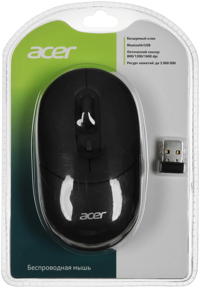 Мышь беспроводная Acer OMR301 (ZL.MCECC.01T) (Bluetooth/2.4GHz, optical, 1600dpi, аккумулятор 500mAh, бесшумный клик, подсветка, black)