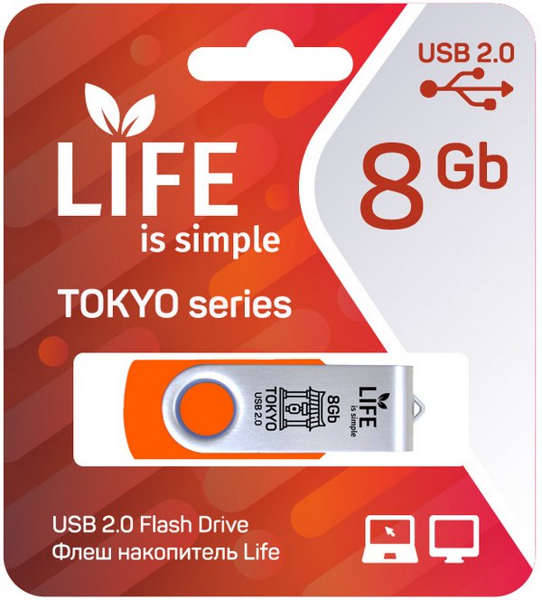 Флеш накопитель USB 2.0 8Gb LIFE TOKYO (LF08TOORANGE-01, orange)