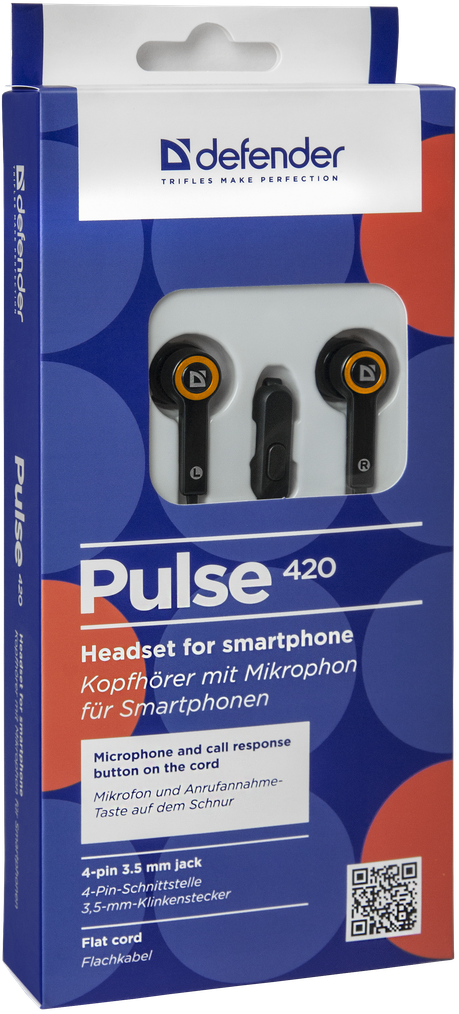 Наушники Defender Pulse 420 (затычки, с микрофоном, 1.1m, black-orange)