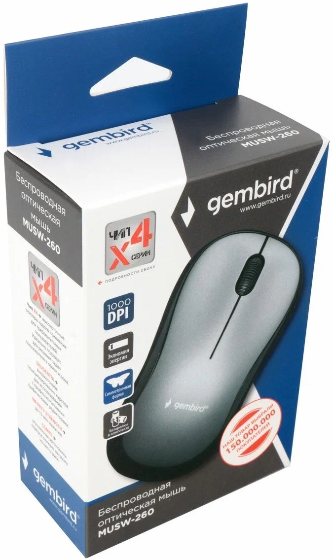 Мышь беспроводная Gembird MUSW-260 (optical, 1000dpi, 2xAAA, soft-touch, black-grey)