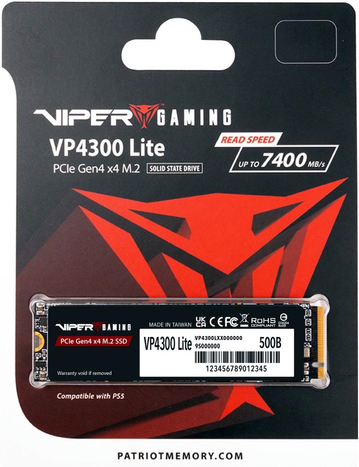 Накопитель SSD M.2 (2280) 500Gb Patriot Viper VP4300 Lite (VP4300L500GM28H, 7000/4000Mbs, PCI-E Gen4 x4, NVMe 2.0)