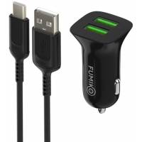 Зарядное устройство от прикуривателя FUMIKO CC06 (FCC06-08, 12/24V - USB, 2 USB разъёма, 2.4А max, быстрая зарядка, кабель Type-C 1m, black)