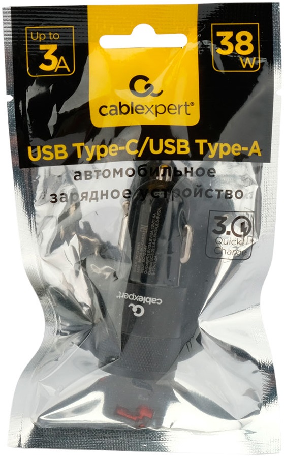 Зарядное устройство от прикуривателя Cablexpert MP3A-UC-CAR24 (12/24V - USB, USB Type-C, 5V/3A, 9V/2A, 12V/1.5A, 38W, QC3.0, PD, black)