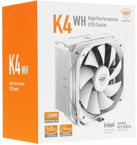 Вентилятор PCCOOLER K4 WH (1150/1151/1155/1200/1700/AM4/AM5, 130mm, Hydro, Al, 400-1600rpm, <29dBa, 4 тепловые трубки, DTH, 4pin, PWM, 145W, white) RTL