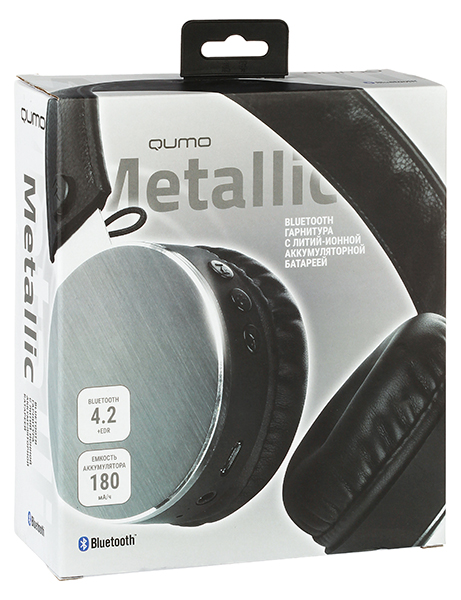 Гарнитура QUMO Metallic (накладная закрытая, беспроводная, Bluetooth 4.2+EDR, с микрофоном, 180mAh, до 7 часов работы от батареи, black-silver)
