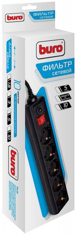 Сетевой фильтр Buro (500SH-5-B, 10А, 5 розеток, 5 метров, black) RTL