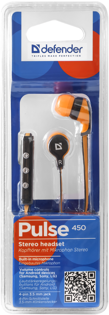 Наушники Defender Pulse 450 (затычки, для мобильных устройств, с микрофоном, 1.2m, black-orange)