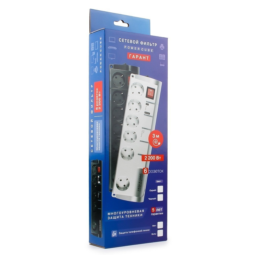 Сетевой фильтр КУБ (Powercube Garant, многоуровневая защита, 6 розеток, 3 метра, black) RTL