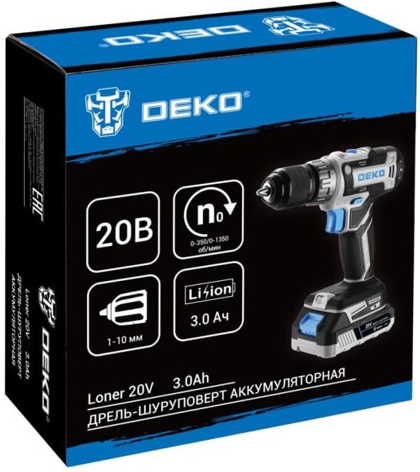 Дрель-шуруповёрт DEKO Loner 20V (085-1005) (безударная, щёточная, реверс, 1350rpm, 45Нм, аккумулятор 2шт. - Li-Ion, 20V, 3.0 Ач)