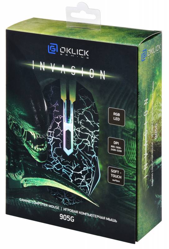 Мышь Oklick INVASION 905G (USB, optical, 3200dpi, игровая, подсветка, black)