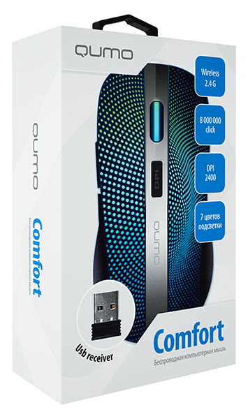 Мышь беспроводная QUMO Comfort M18 (optical, 2400dpi, аккумулятор, 7 цветов подсветки, black)