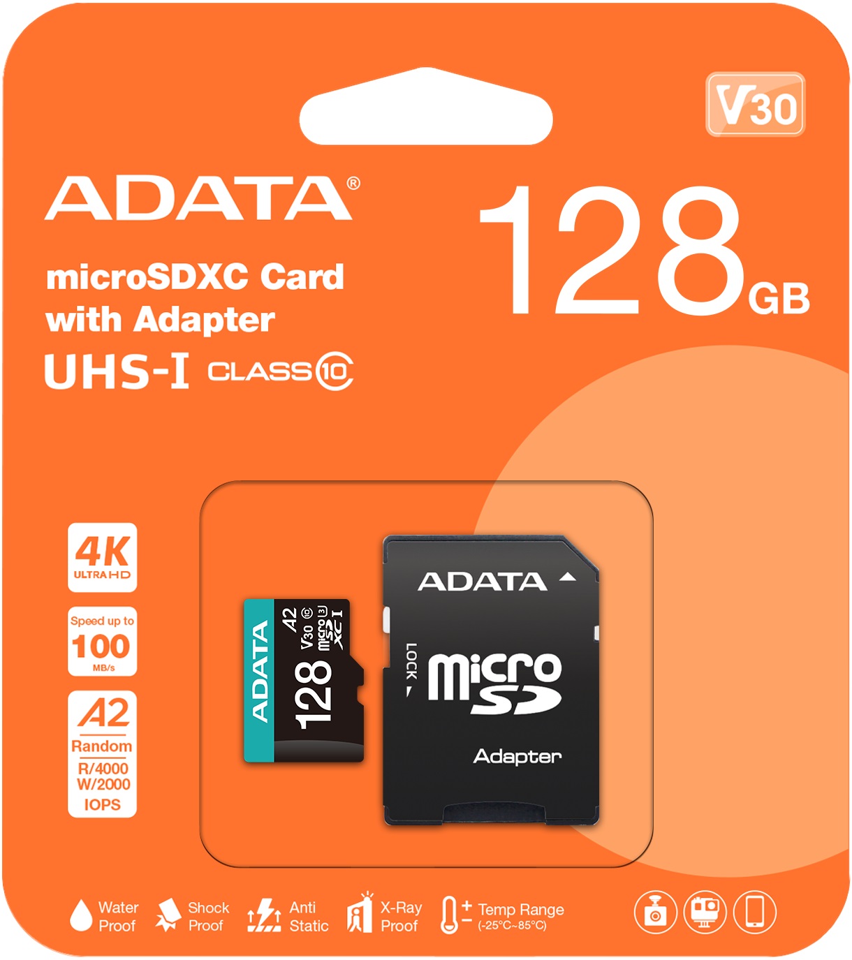 Карта памяти SDXCmicro Card 128GB ADATA (AUSDX128GUI3V30SA2-RA1, Class 10, UHS-I U3, 100/85MB/s, адаптер SD)