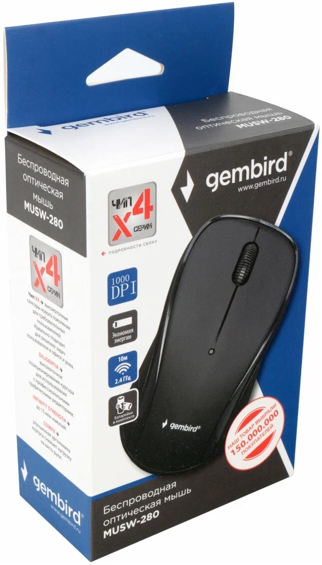 Мышь беспроводная Gembird MUSW-280 (optical, 1000dpi, 2xAAA, soft-touch, black)