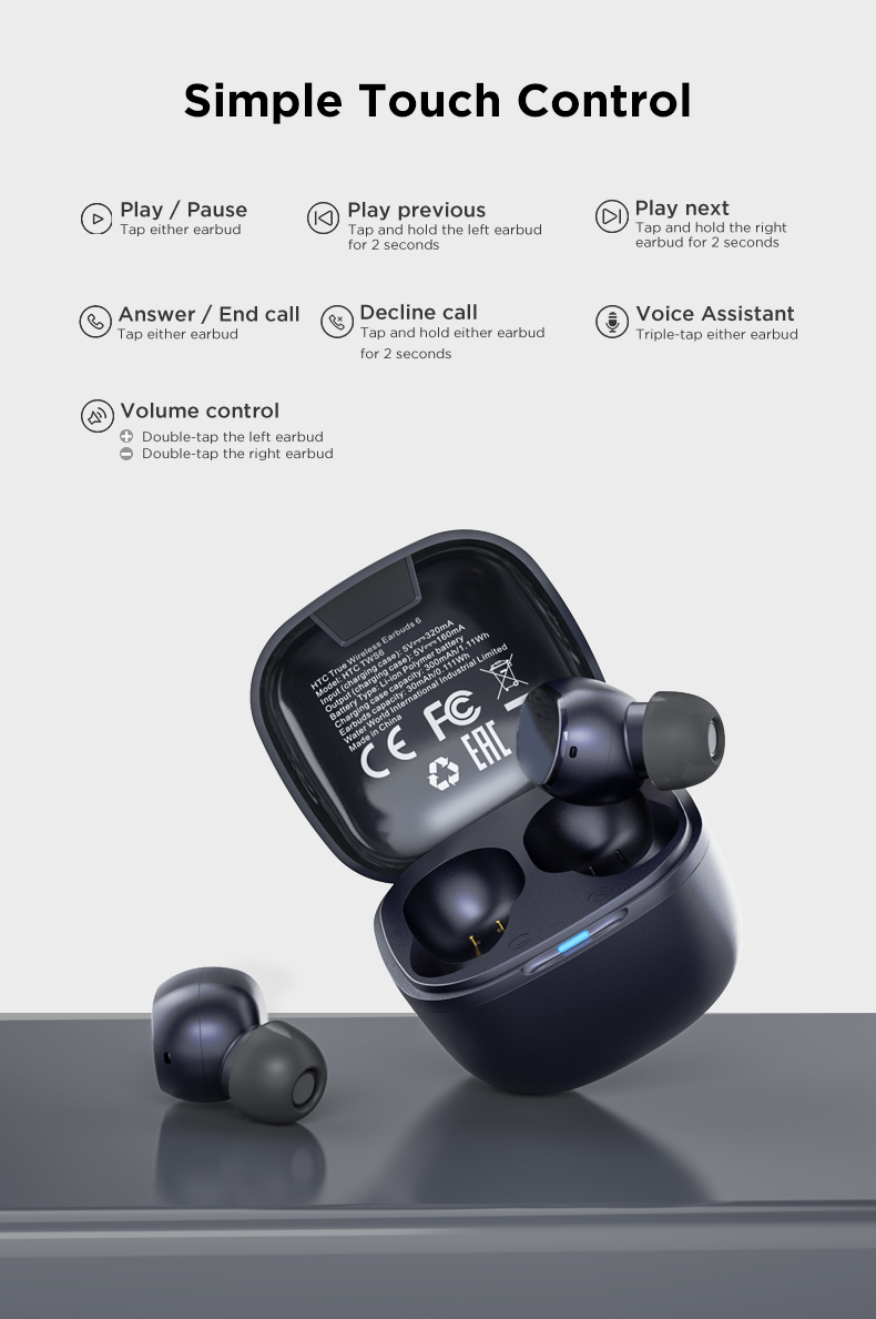 Гарнитура HTC True Wireless Earbuds 6 (затычки, беспроводная, Bluetooth 5.3, с микрофоном, до 5 часов работы от батареи, IPX4, black)