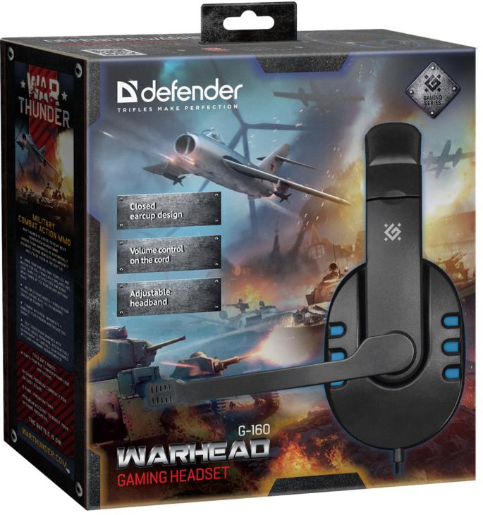 Наушники Defender Warhead G-160 (полноразмерные закрытые, с микрофоном, игровые, 2.5m, промо-код "War Thunder", black-blue)