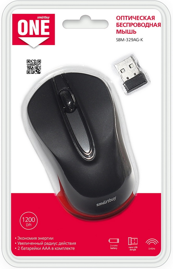 Мышь беспроводная Smartbuy ONE (SBM-329AG-K, optical, 1200dpi, 2xAAA, black)