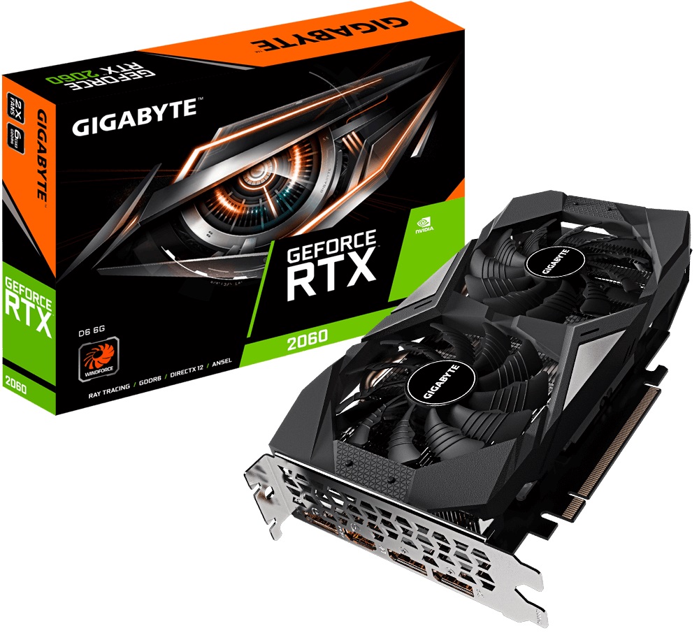 Видеокарта Gigabyte GF RTX2060 6Gb (GV-N2060D6-6GD, 192bit, GDDR6, HDMI+3xDP) RTL