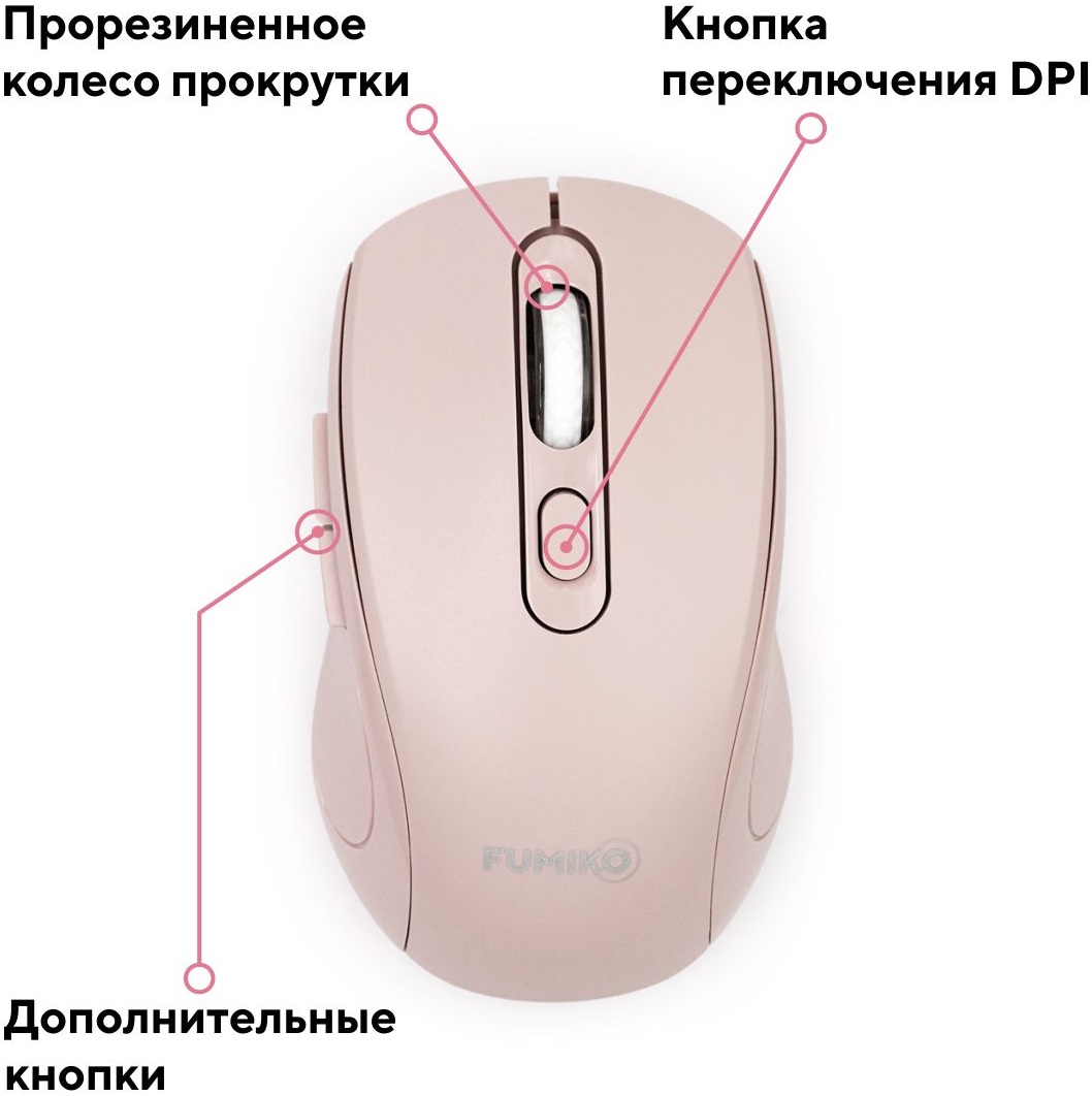 Мышь беспроводная FUMIKO QUICE FMA-14-P (optical, 1600dpi, бесшумный клик, AA (нет в комплекте), pink)