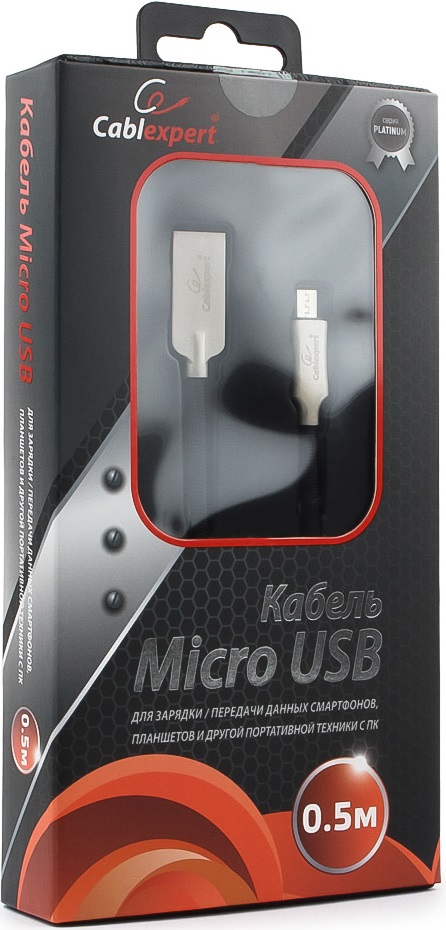 Кабель USB 2.0 Am - micro USB 0.5m (CC-P-mUSB02Bk-0.5M, серия Platinum, нейлоновая оплётка, black) Cablexpert