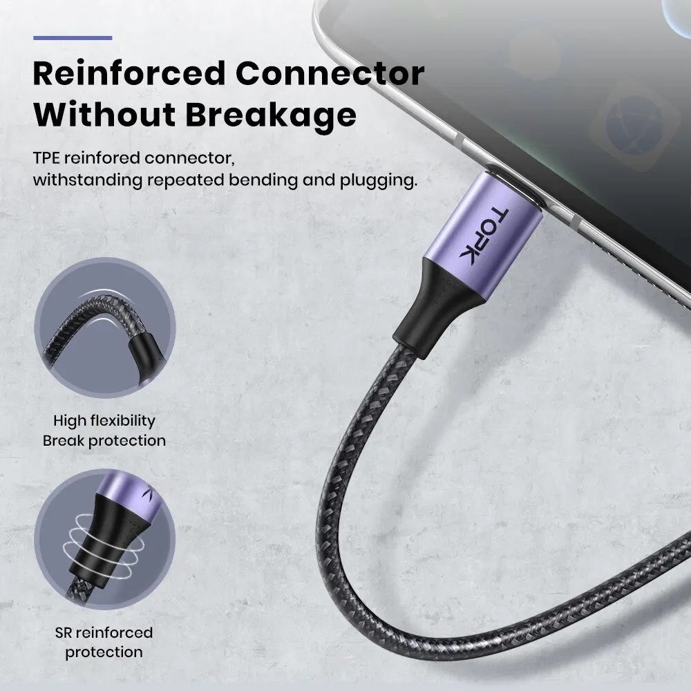 Кабель USB 2.0 Am - Type-C 2.0m (3A, быстрая зарядка, нейлоновая оплётка, QC3.0, black-purple) TOPK