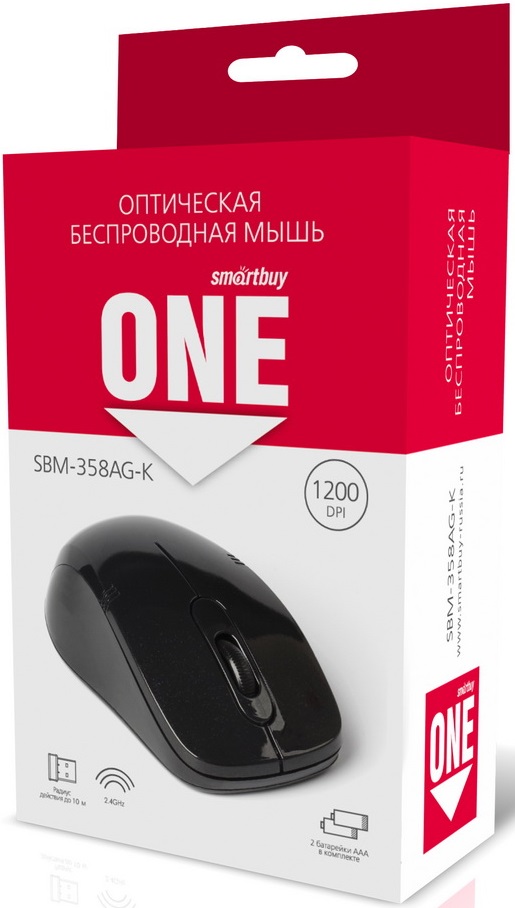 Мышь беспроводная Smartbuy ONE (SBM-358AG-K, optical, 1200dpi, 2xAAA, black)