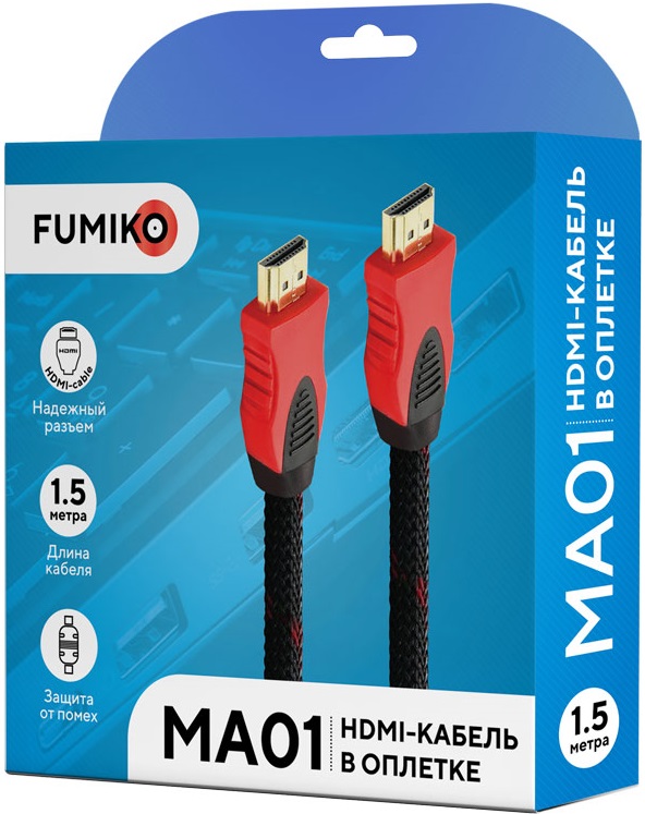 Кабель HDMI (m) - HDMI (m) 1.5m (FMA01-01, с позолоченными контактами, 2 ферритовых фильтра, нейлоновая оплётка, black-red) FUMIKO