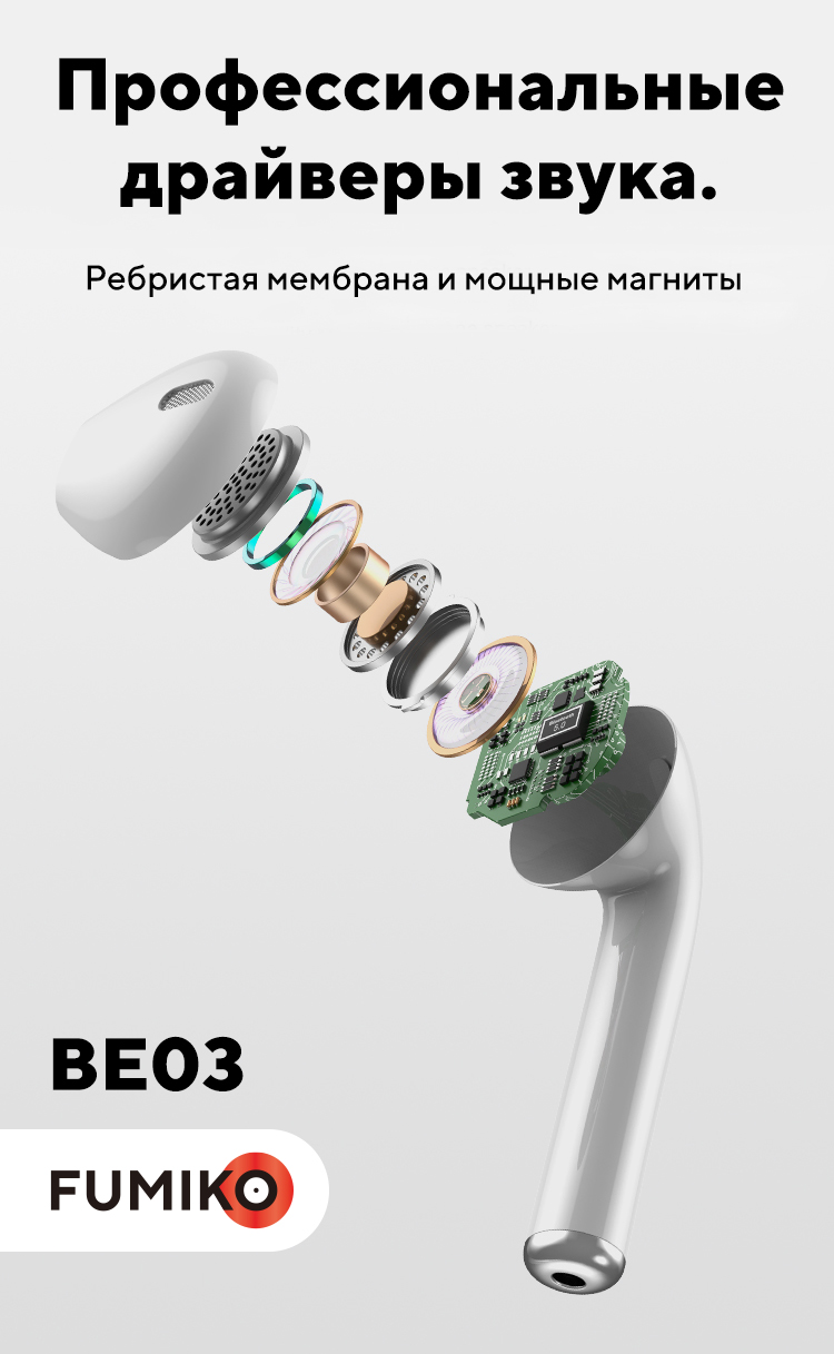 Гарнитура FUMIKO BE03 (FBE03-01, вкладыши, беспроводная, Bluetooth 5.0, с микрофоном, до 3 часов работы от батареи, white)