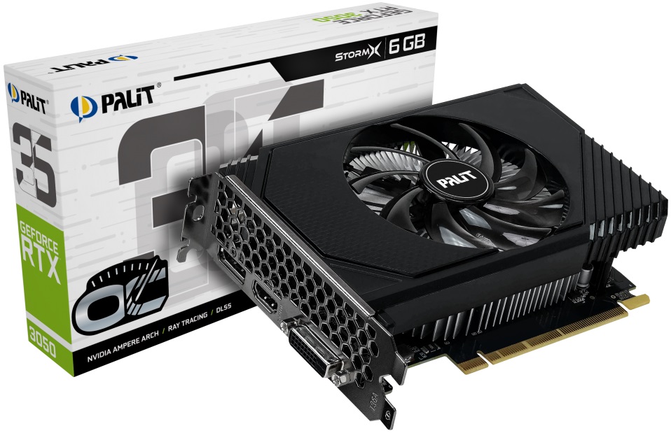 Видеокарта Palit GF RTX3050 STORMX OC 6Gb (NE63050S18JE-1072F, 96bit, GDDR6, HDMI+DVI+DP) RTL