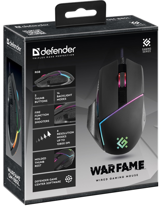 Мышь Defender Warfame GM-880L (USB, optical, 12800dpi, 1000Hz, RGB подсветка, игровая, редактор макросов, эмуляция клавиш клавиатуры, soft-touch, 1.7m, ферритовый фильтр, black)