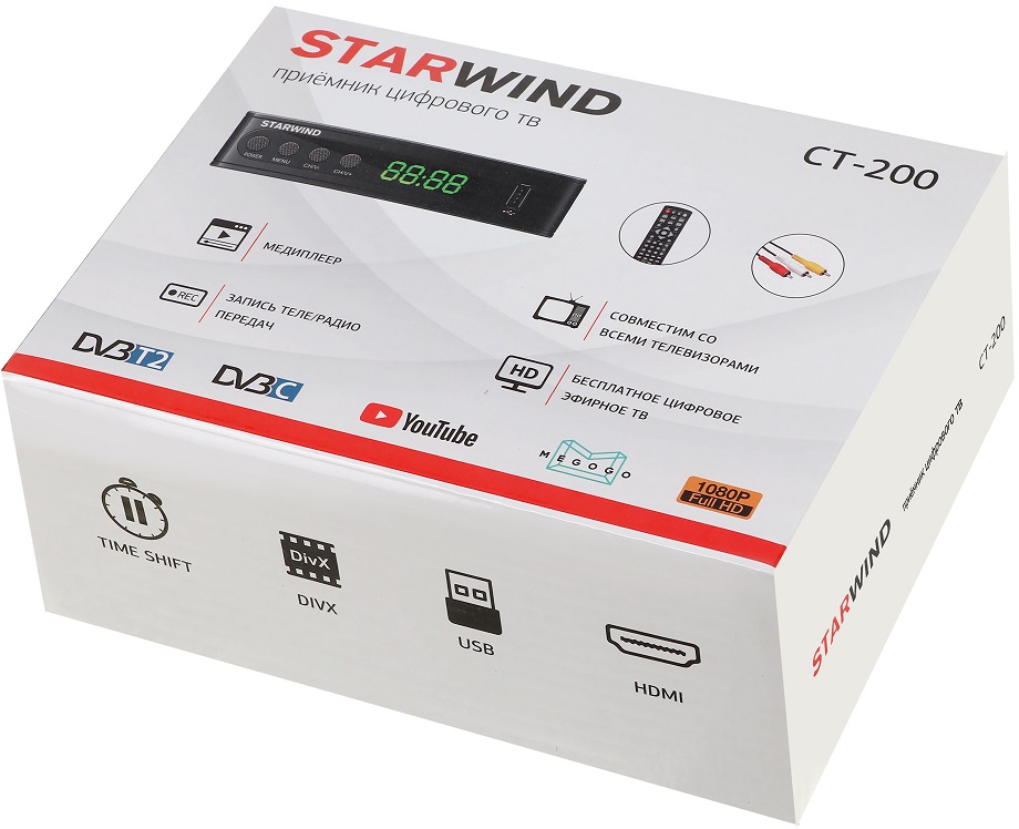 Тюнер для цифрового ТВ внешний / Медиа-проигрыватель Starwind CT-200 (1080p, DVB-T2, DVB-C, HDMI, JPEG, MKV, USB, Time Shift, black)